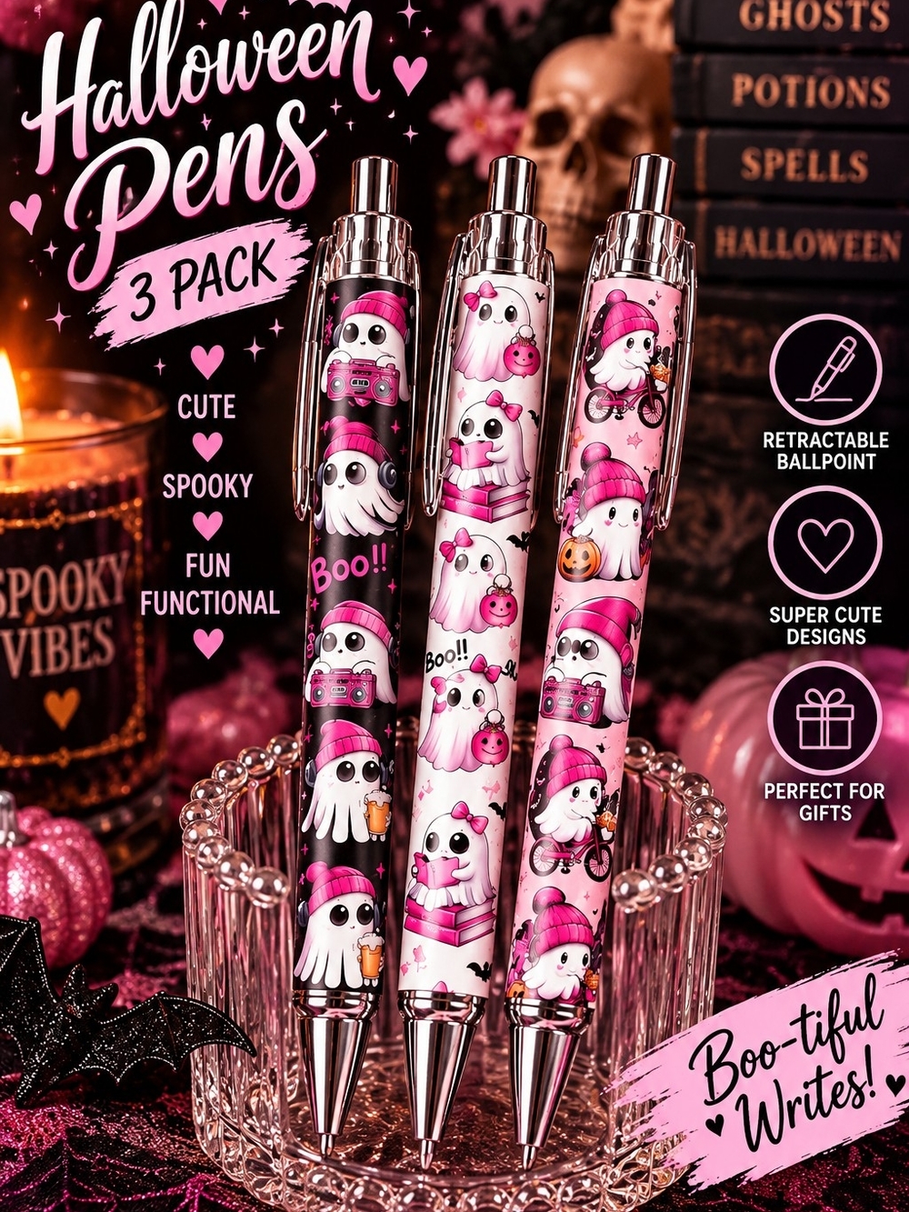 Halloween Ghost Pens - 3 Pack Cute Pink Ghost Ballpoint Pens!!